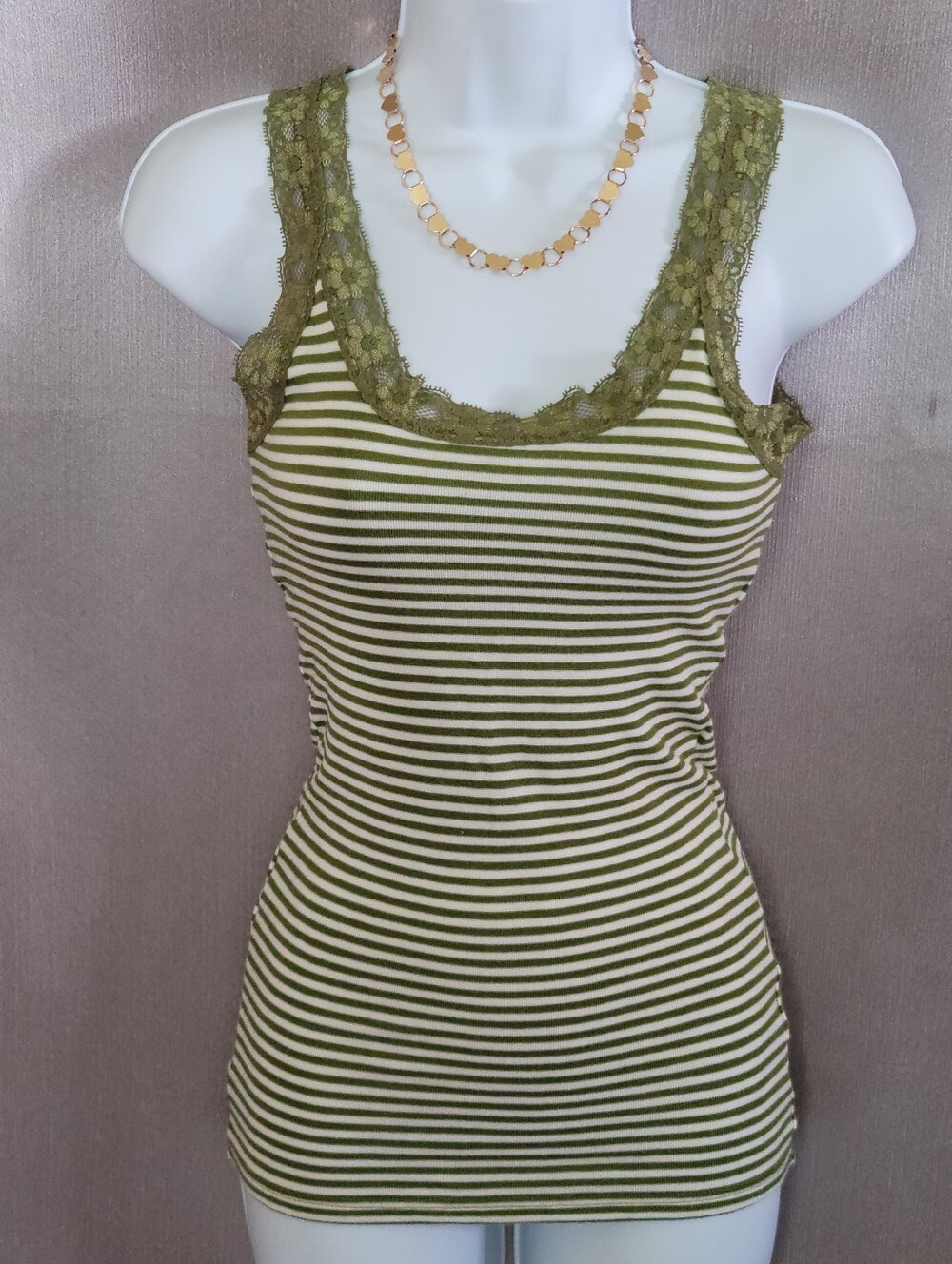 Olive Green Striped Lace-Trim Tank Top